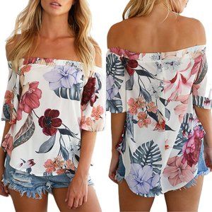 Twill Trade Tops - Floral Print Half Sleeve Off Shoulder Blouse Twill Trade Tops - Floral Print Half Sleeve Off Shoulder Blouse